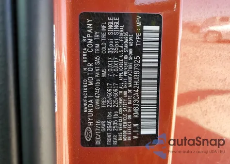 2017 Hyundai Tucson Limited z USA, uszkodzony, nr VIN KM8J3CA42HU387925